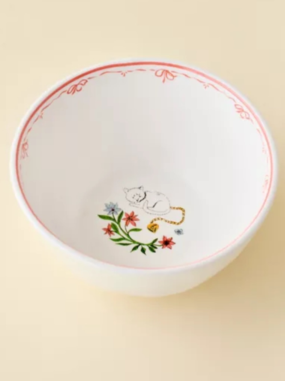 Urban Outfitters White Ceramic Cat Bowl with Pink Trim and Floral Accent